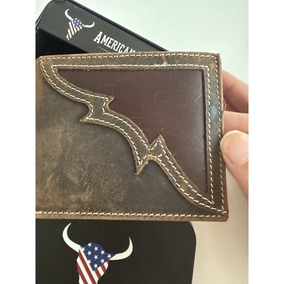 American Bison Men’s Brown Logo Genuine Leather Wallet Two Tone Materials - Picture 6 of 11